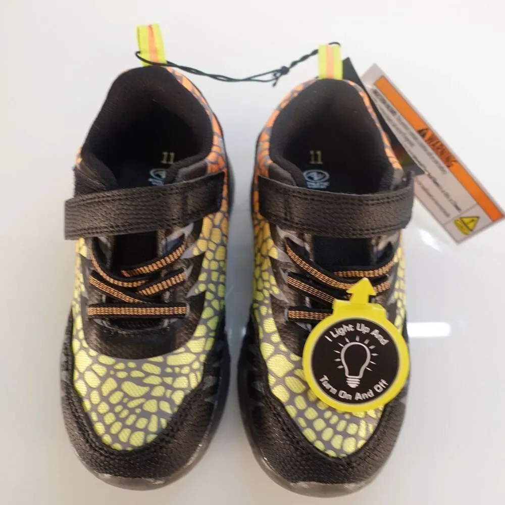 Athletic Works Sneakers Kids Shoes Dinosaur Black Orange Light Up Size 11 NWT
